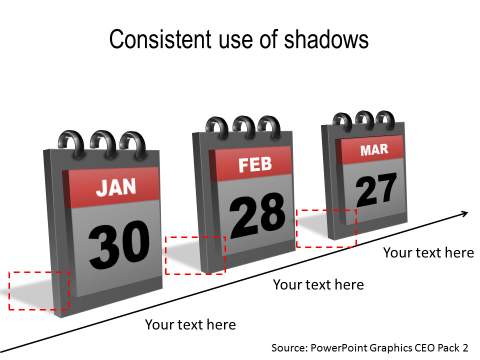 PowerPoint calendar with consistent shadow presets