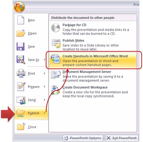 PowerPoint Handouts Creation Menu